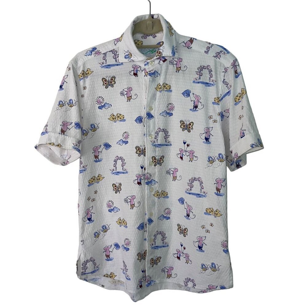 Sea Plane Mens Shirt Size XS White White Short Sleeve Button Down Animal Print